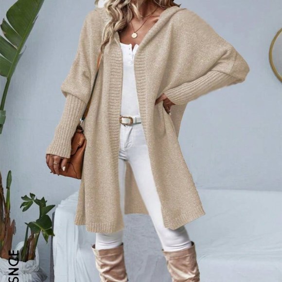 Beige Casual Womens Batwing Sleeve Hooded Duster Cardigan - Picture 3 of 5